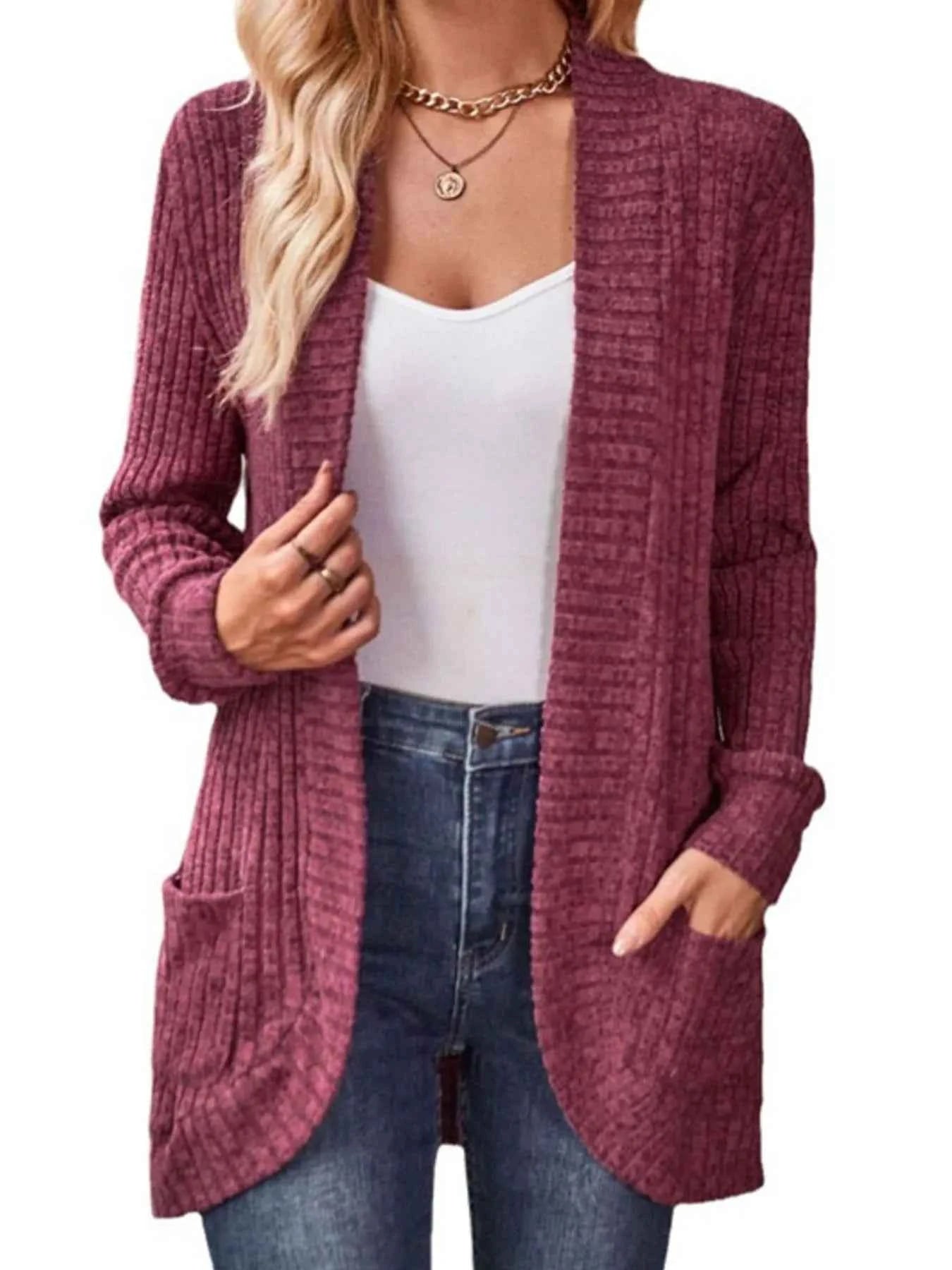 Ribbed Knit Open Front Cardigan with Pockets.