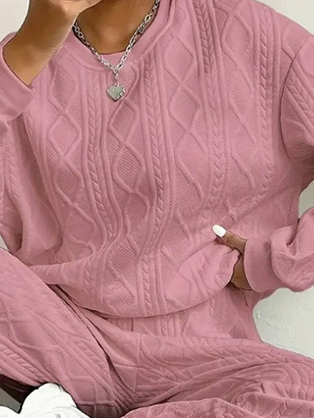 Texture Round Neck Top and Pants Set.