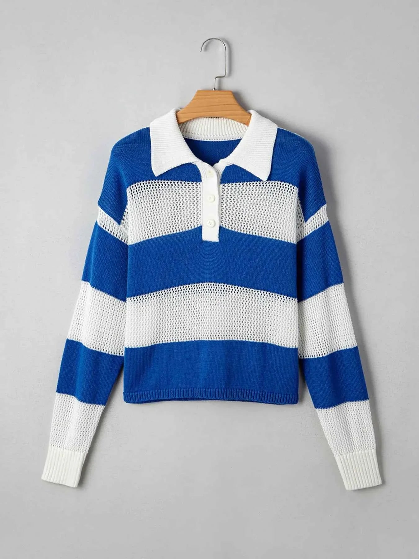 Stripe Colorblock Polo Collar Crochet Knitted Cover Up.