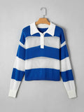 Stripe Colorblock Polo Collar Crochet Knitted Cover Up.