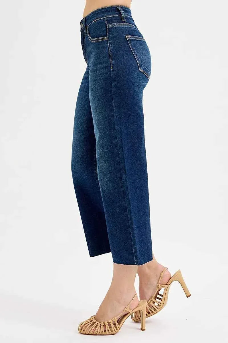 RISEN Full Size Tummy Control High Rise Crop Wide Jeans.