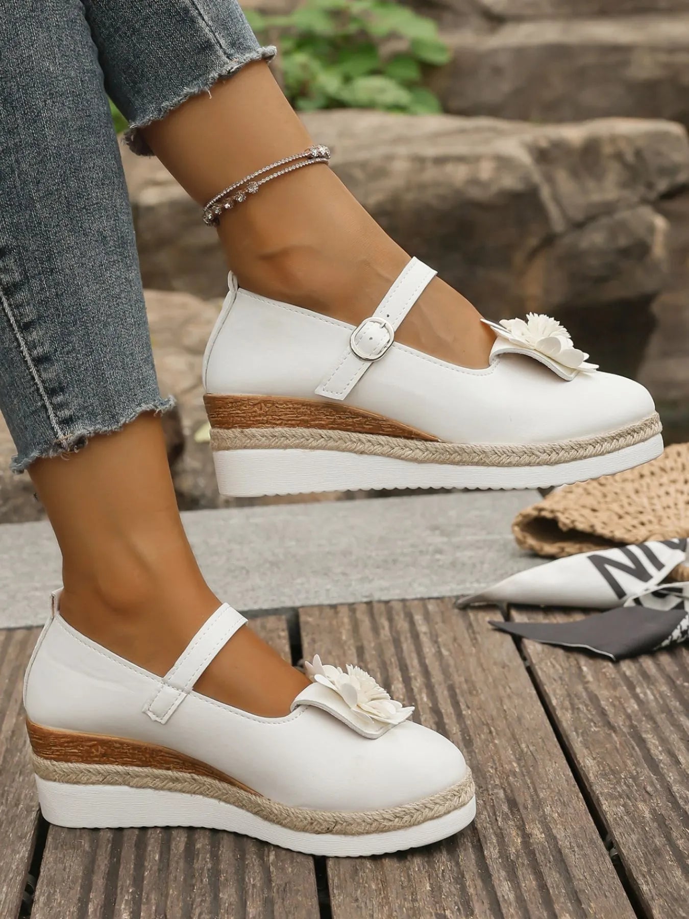 Flower Embellished Mary Jane Loafers.