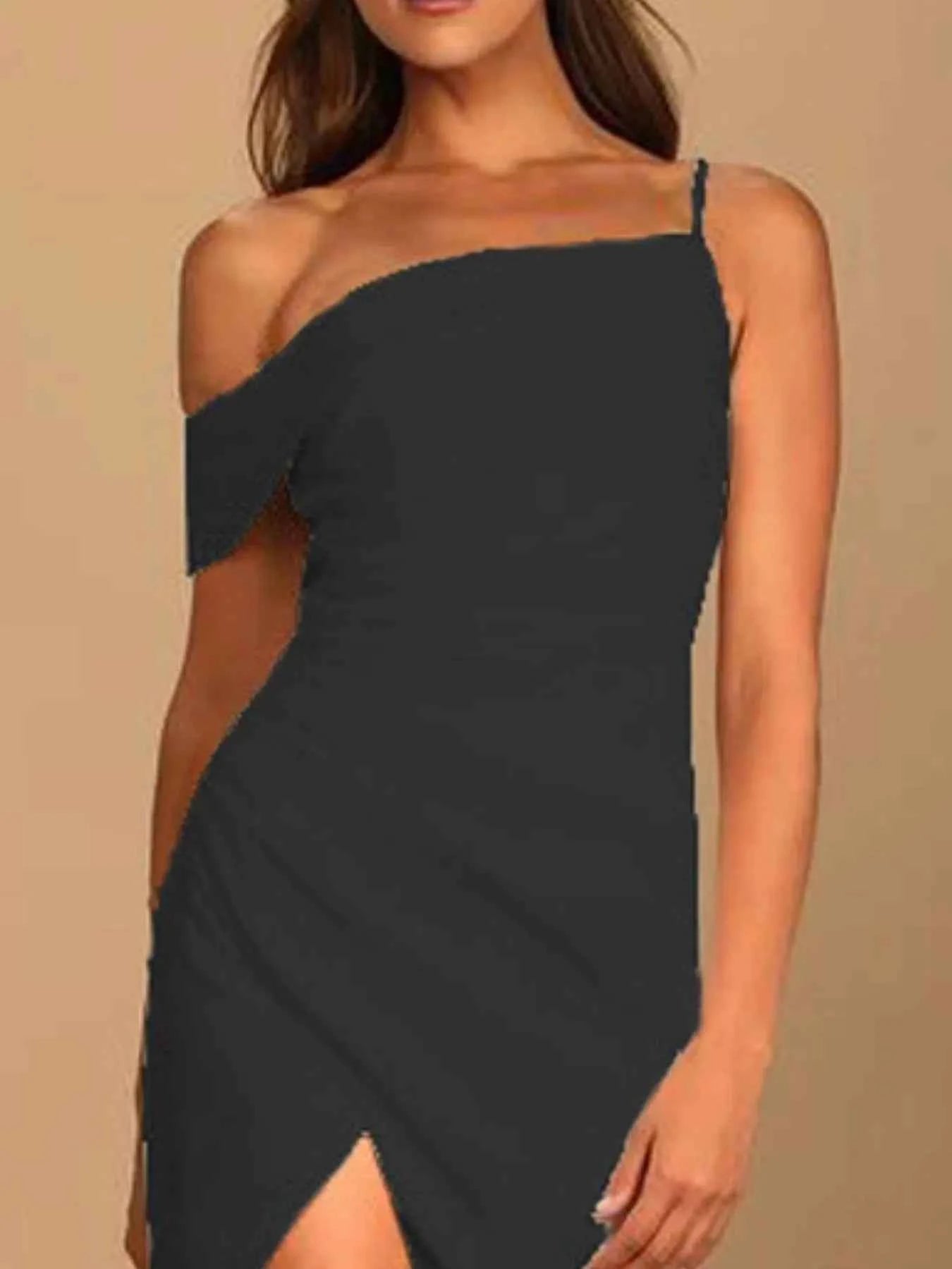 Split Asymmetrical Neck Midi Dress.