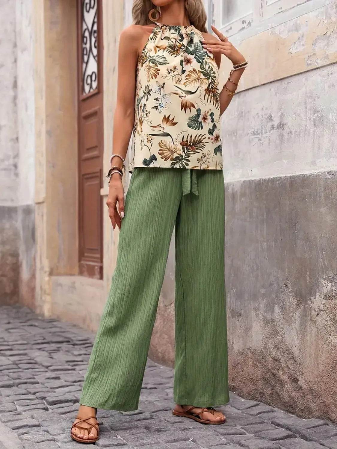Printed Tank Top and Wide Leg Pants Set for Effortless Style - EBYNN