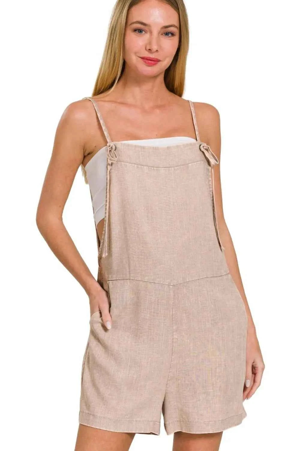 Zenana Washed Linen Knot Strap Romper in Coffee Brown.