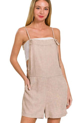 Zenana Washed Linen Knot Strap Romper in Coffee Brown.