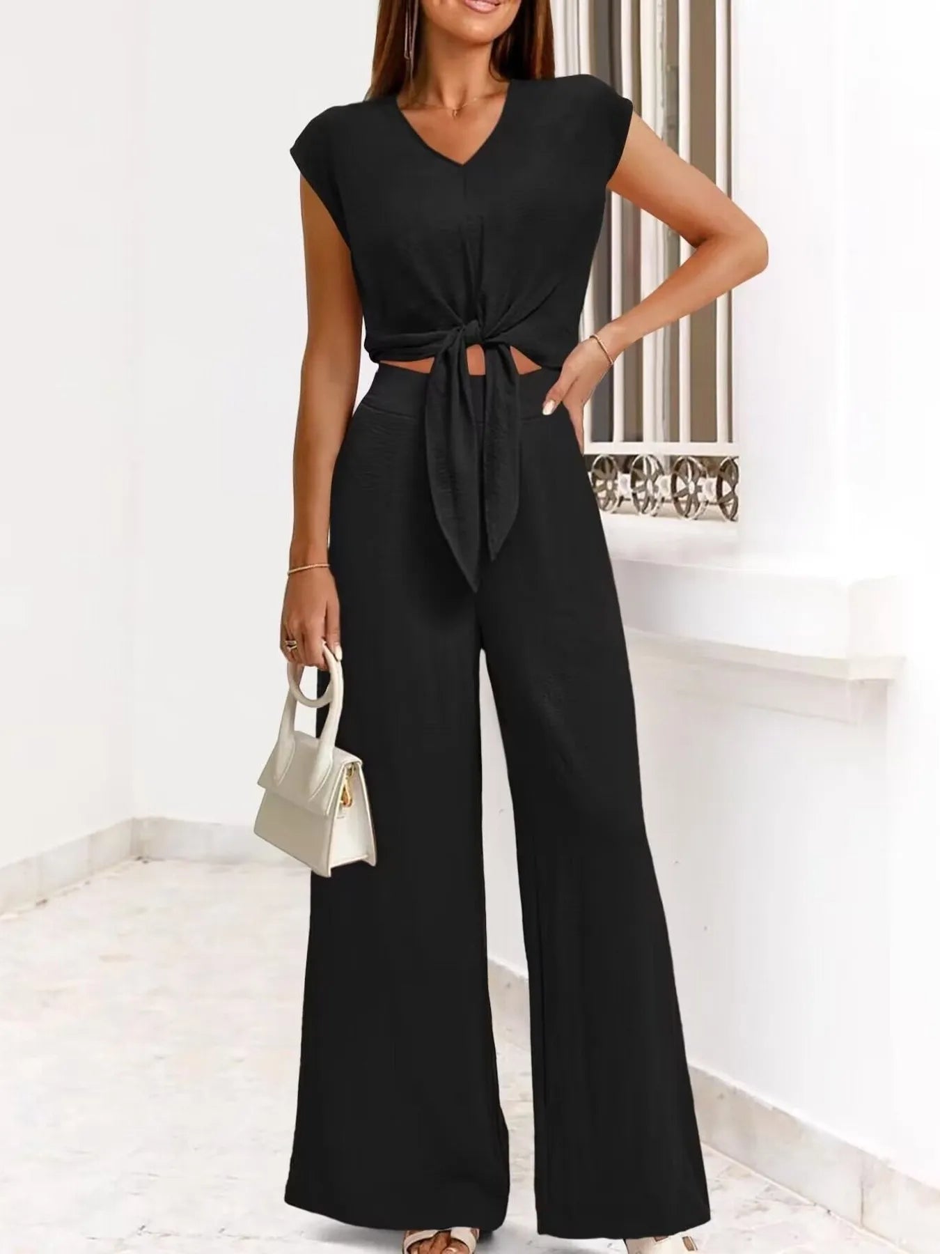Tie Front Top & Wide Leg Pants Set.