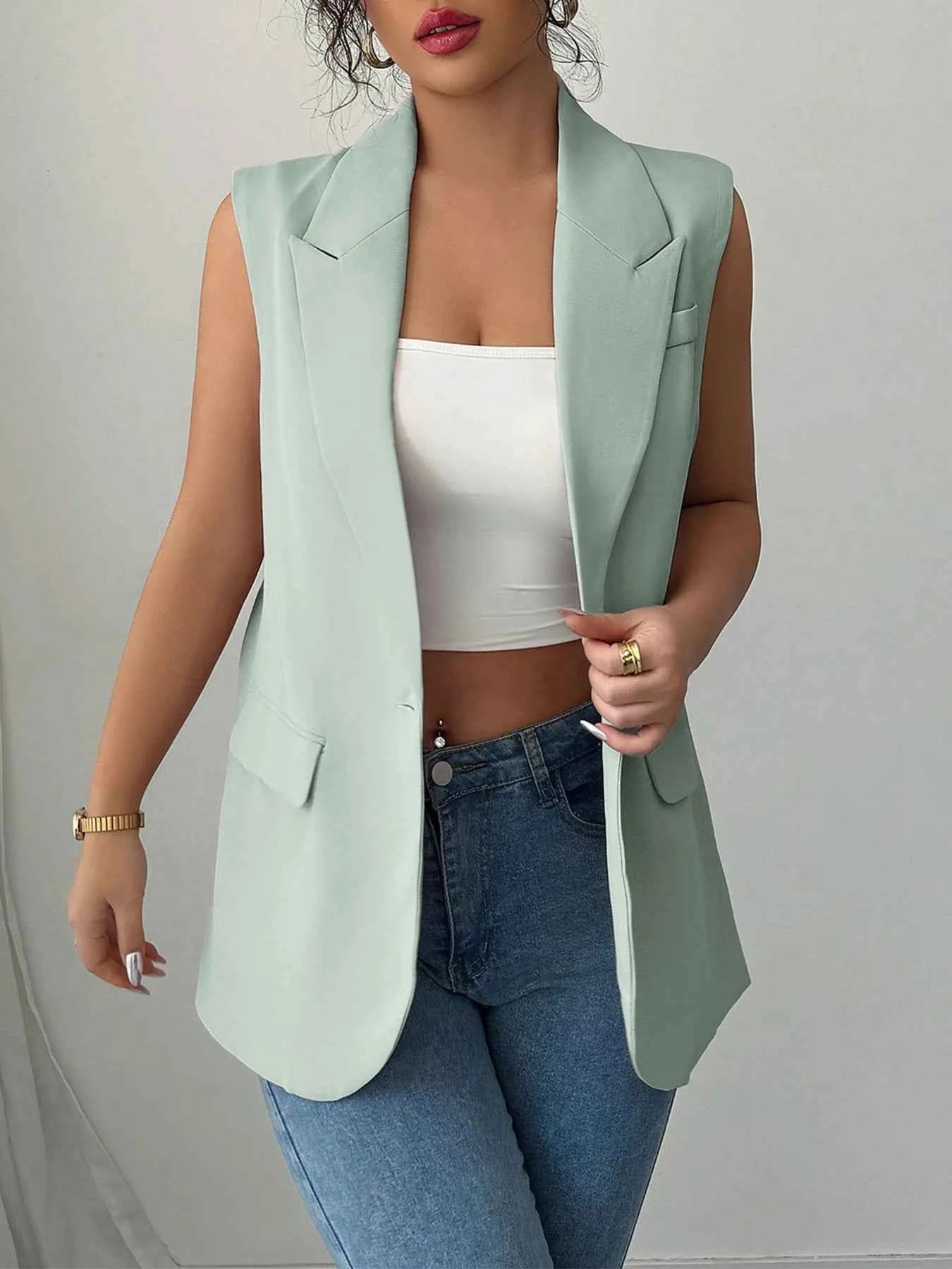 One Button V-Neck Blazer Vest Coat.