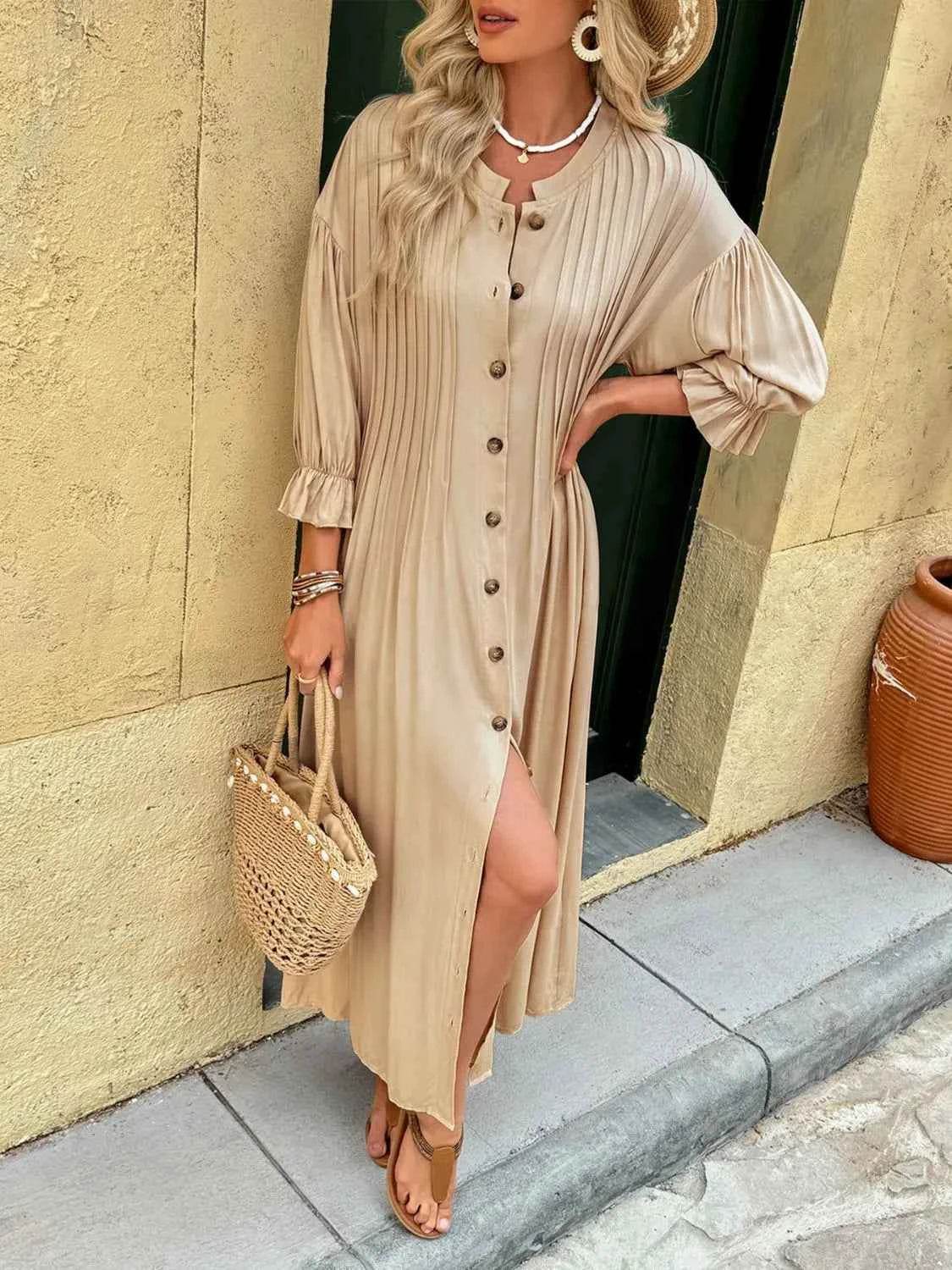 Button Front Flounce Sleeve Dress.