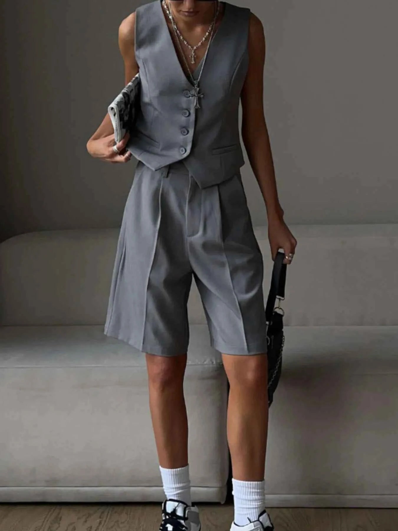 V-Neck Vest and Pants Two-Piece Blazer Set.