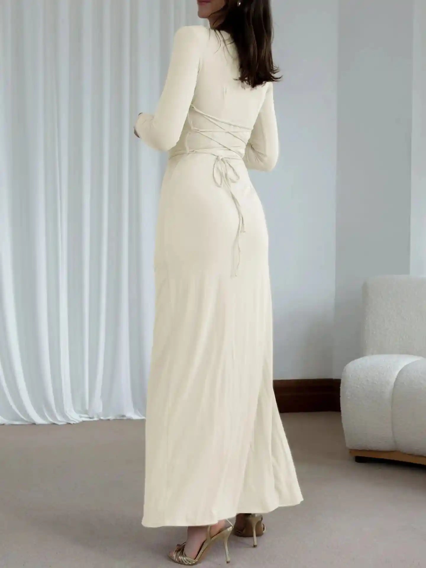Ruched Long Sleeve Maxi Dress with Slit.