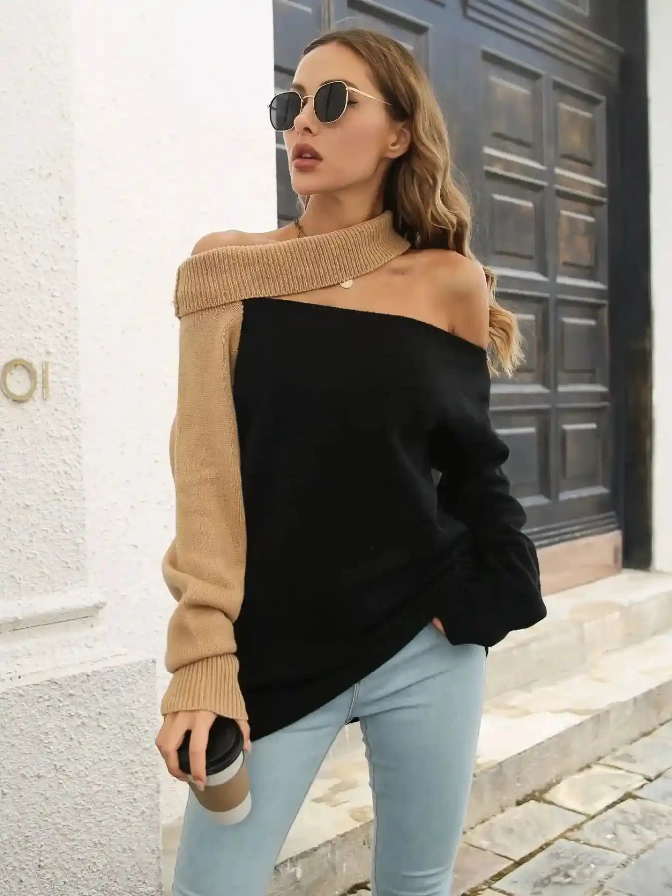 Asymmetrical Color Block Long Sleeve Sweater.