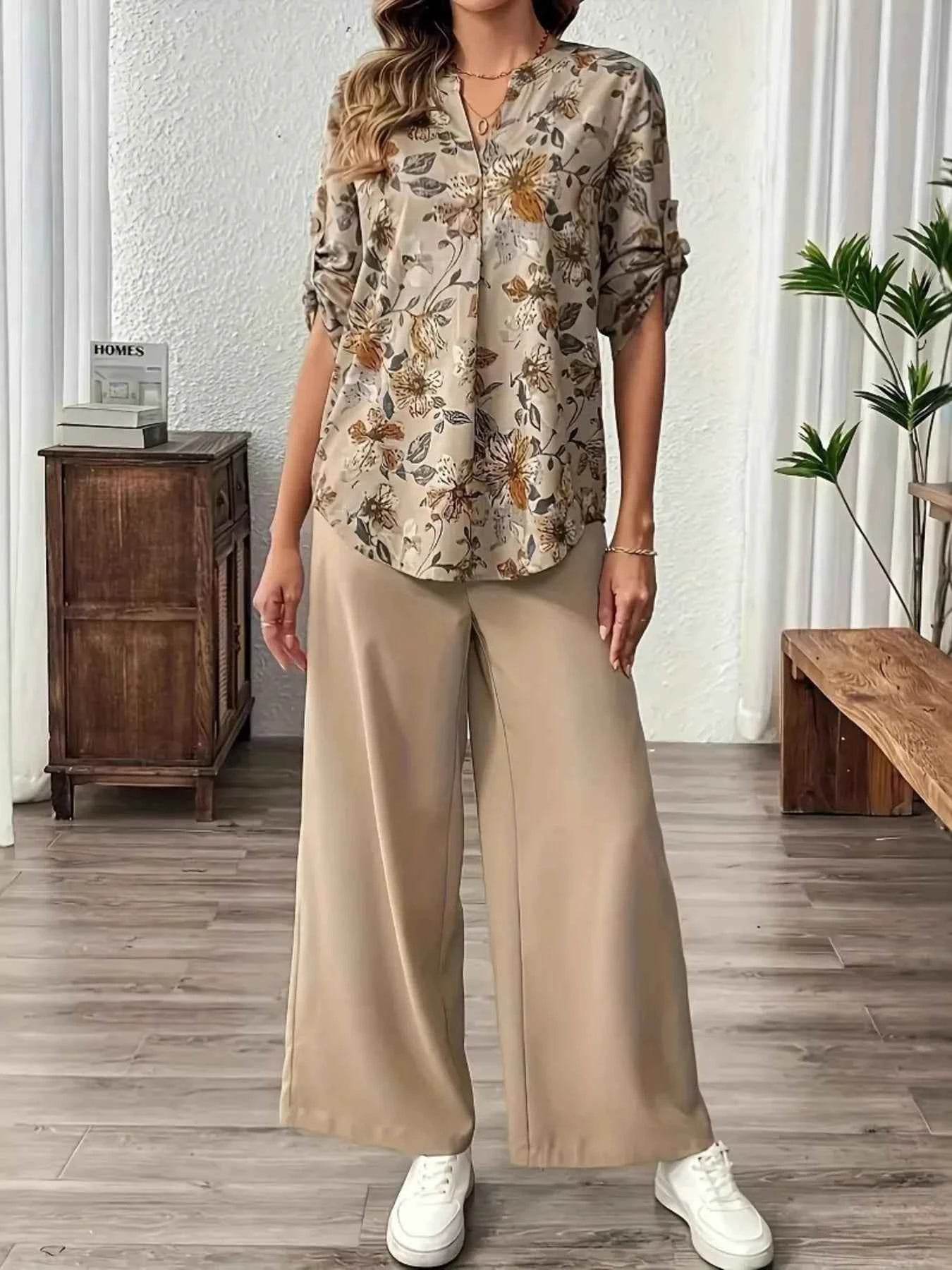 Printed Notched Long Sleeve Top and Pants Set - EBYNN