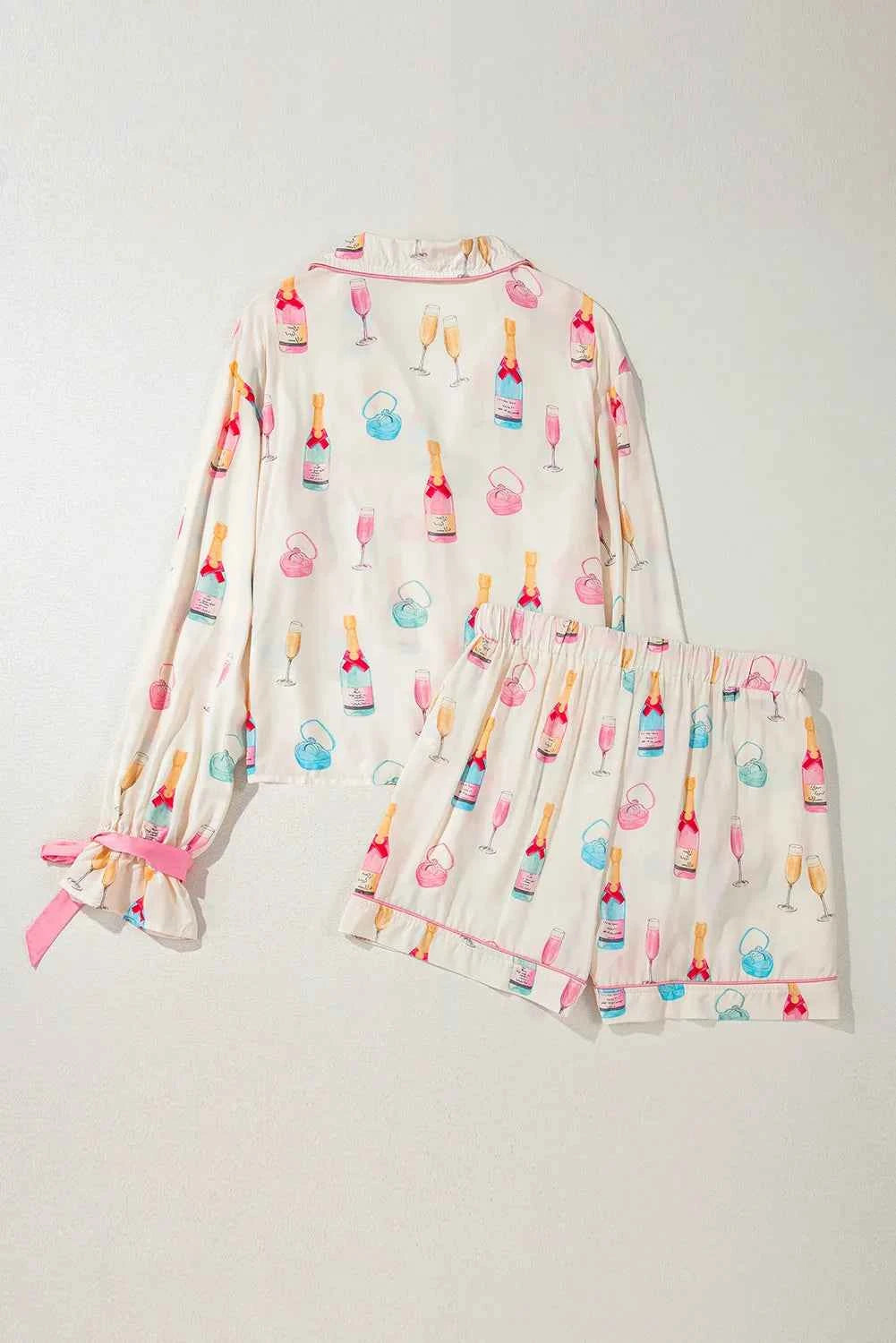 Bow Printed Collared Neck Top & Drawstring Shorts Set.