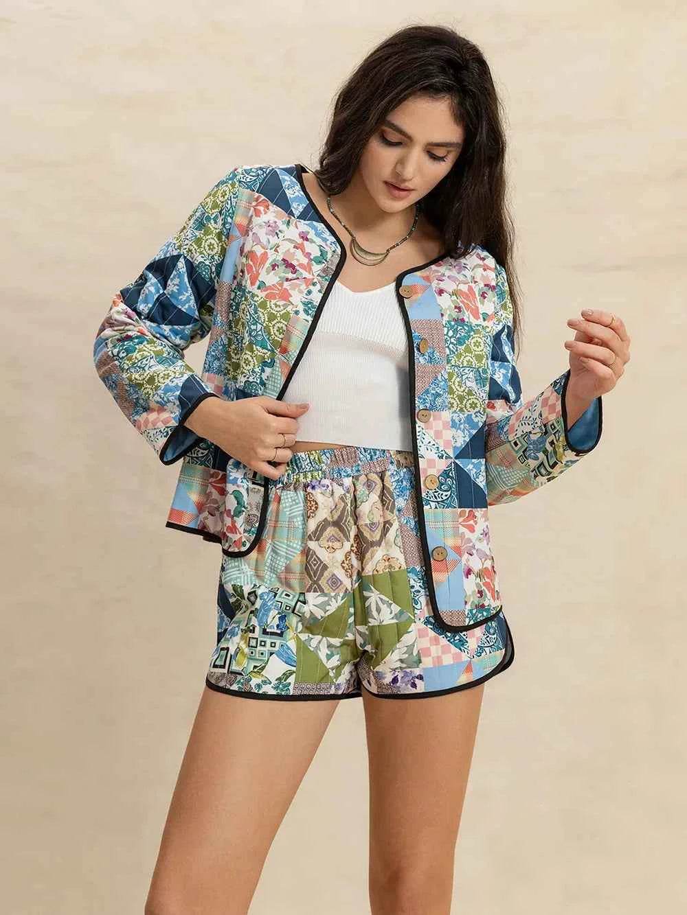 Printed Button Up Long Sleeve Outerwear and Shorts Set - EBYNN