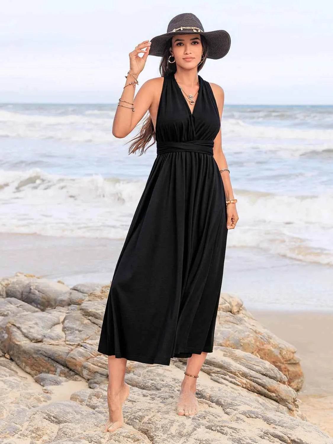 Ruched Surplice Sleeveless Midi Dress.