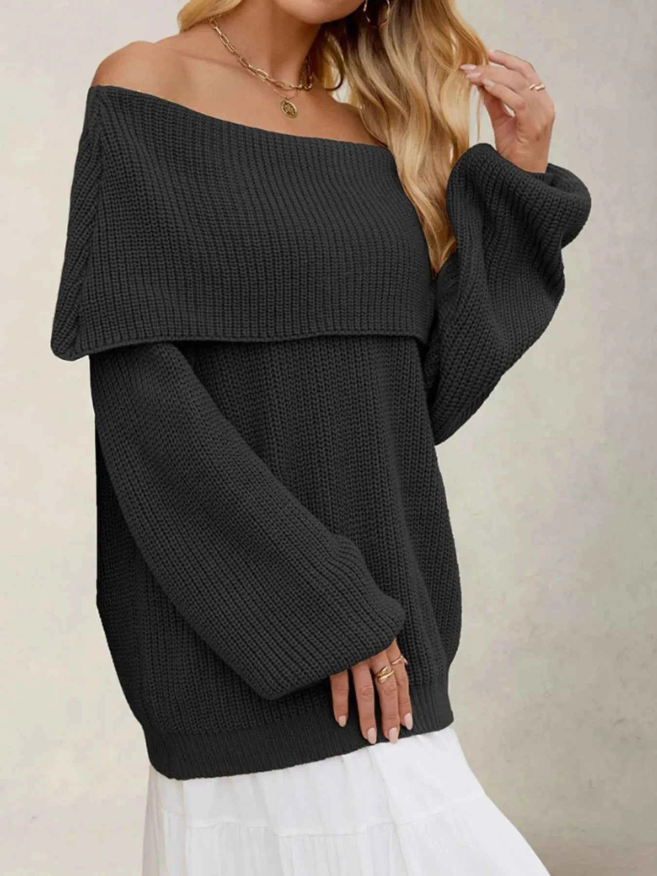 Fold-Over Collar Long Sleeve Sweater.