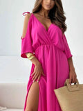 Tied Shoulder Slit Maxi Dress.