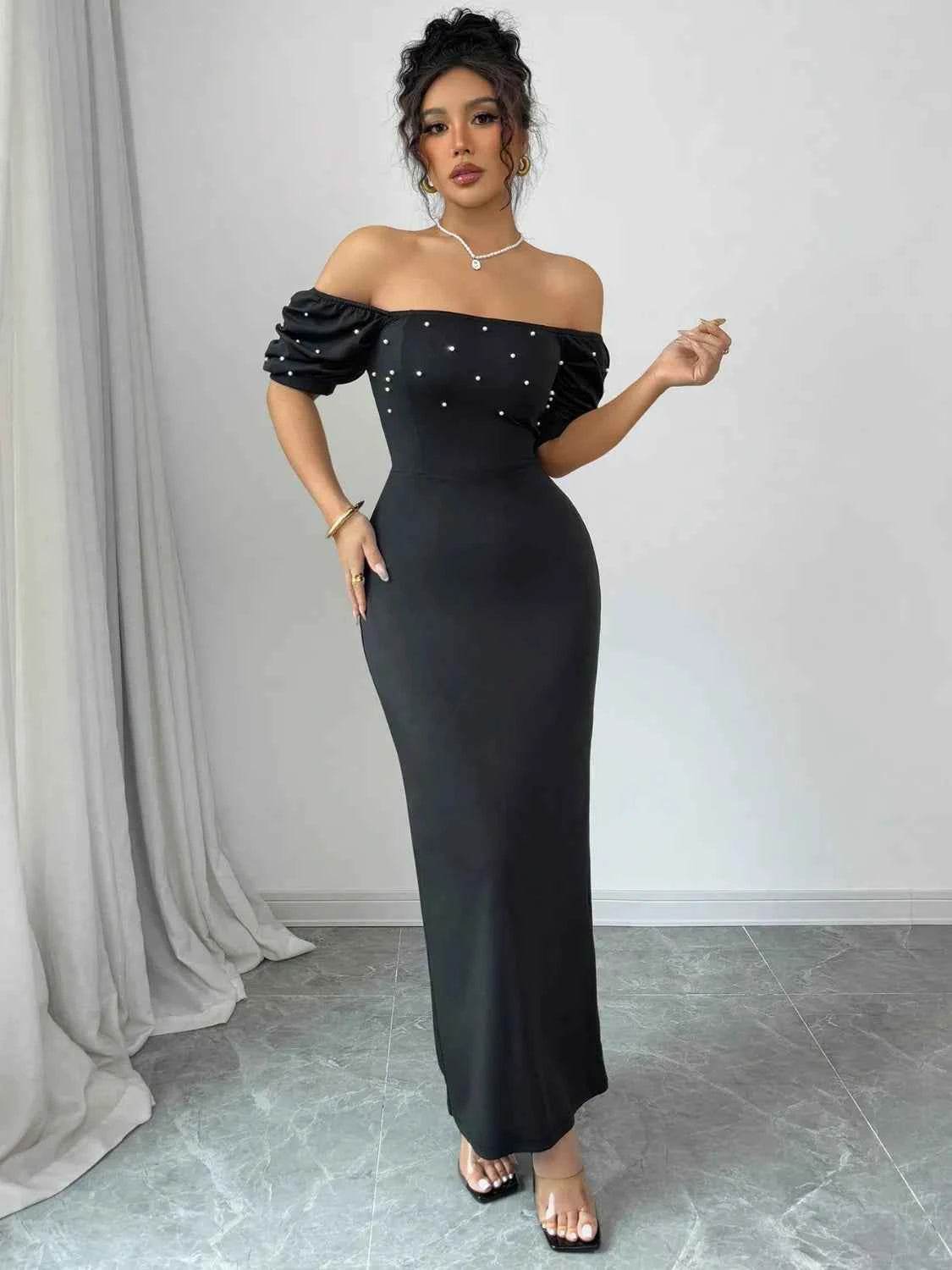 Off Shoulder Short Sleeve Maxi Dress.