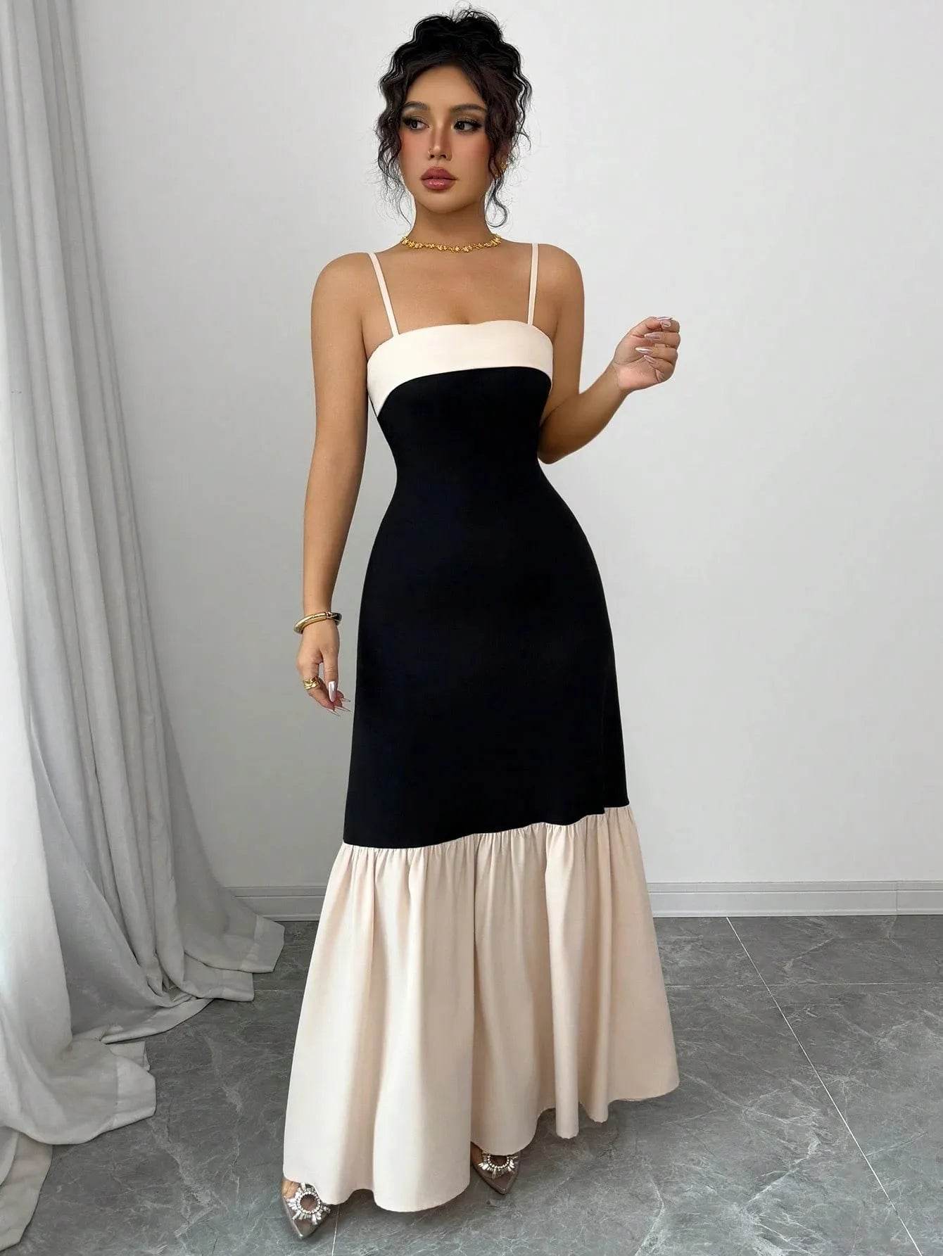 Two-Tone Spaghetti Strap Maxi Dress.
