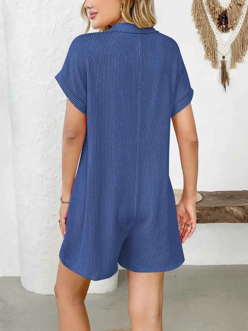 Button Detail Collared Neck Short Sleeve Romper.