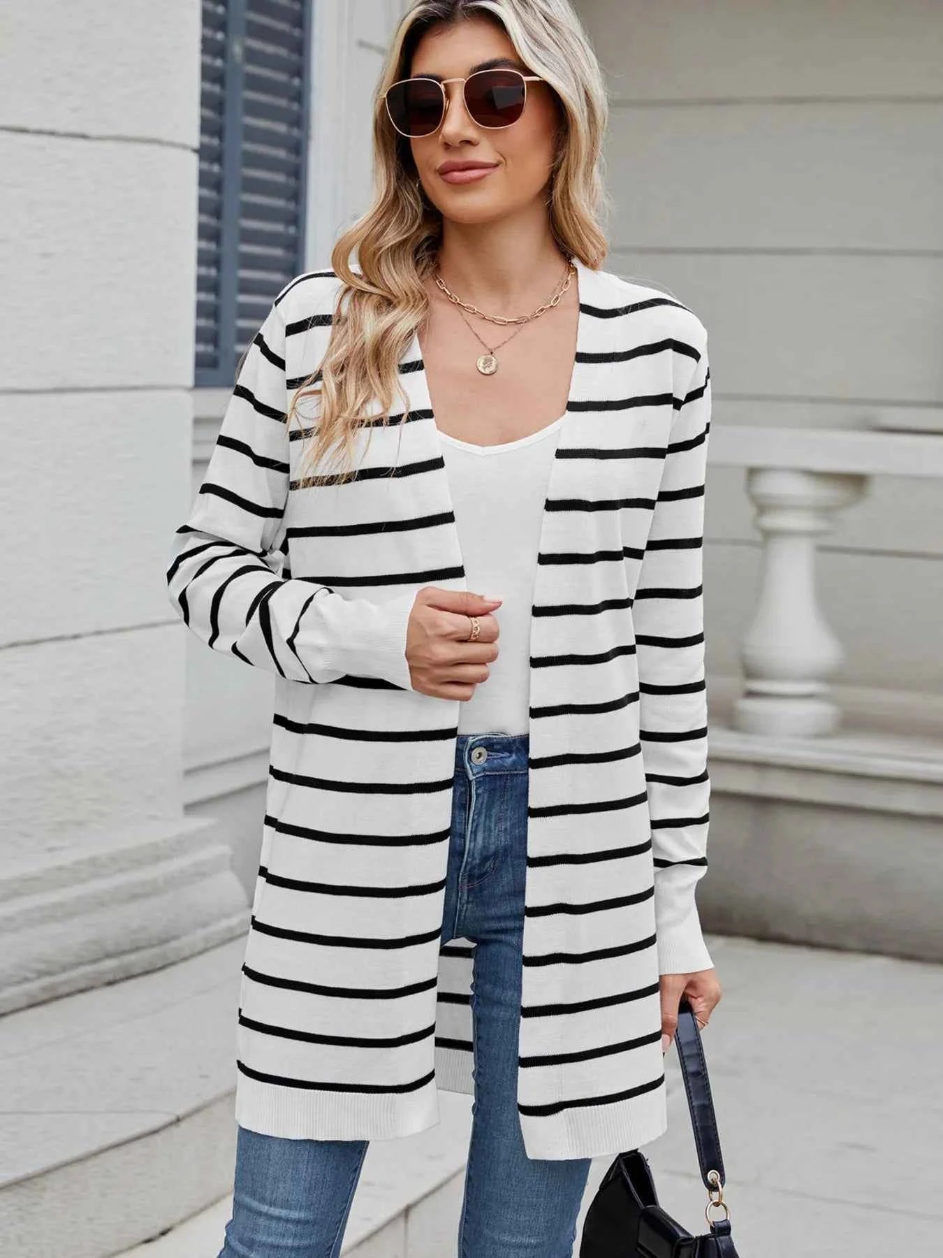 Striped Open Front Cardigan - Relaxed Fit.