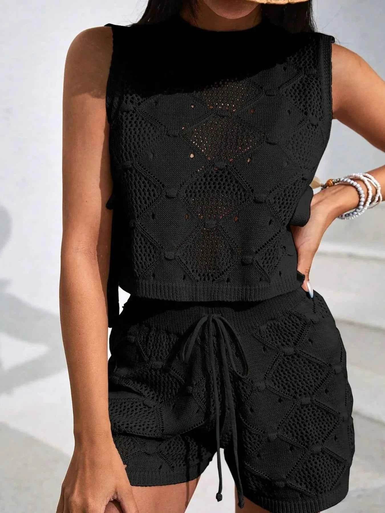 Diamond Pattern Sleeveless Top and Shorts Knit Set - EBYNN