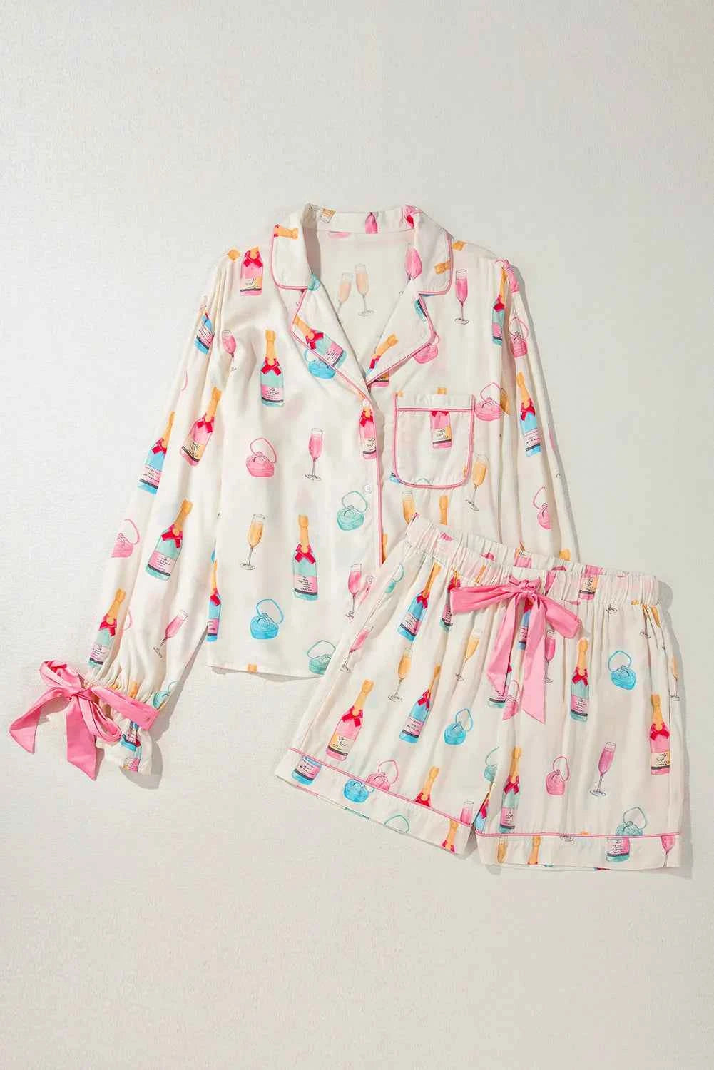 Bow Printed Collared Neck Top & Drawstring Shorts Set.