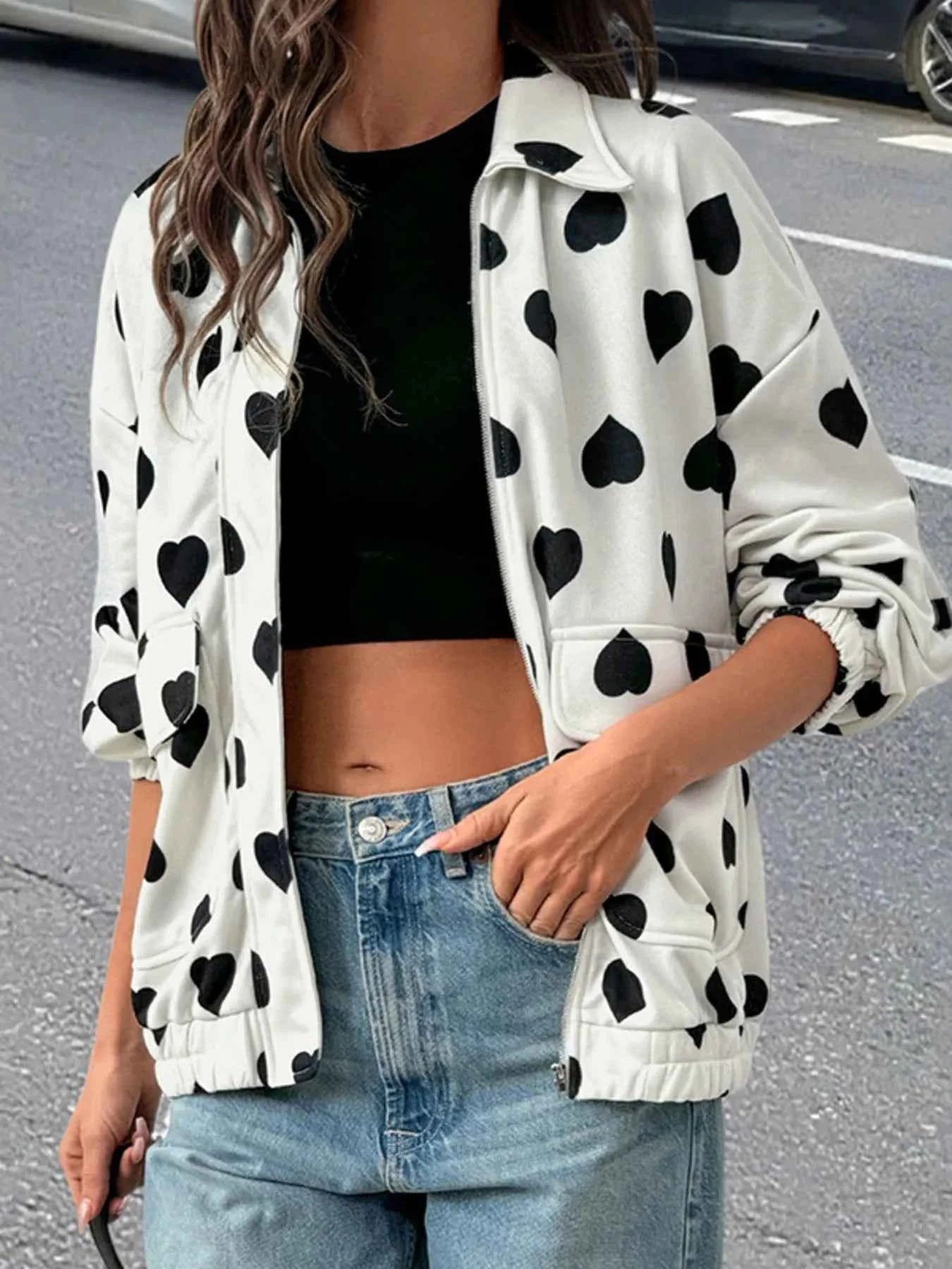 Heart Print Zip Up Jacket.