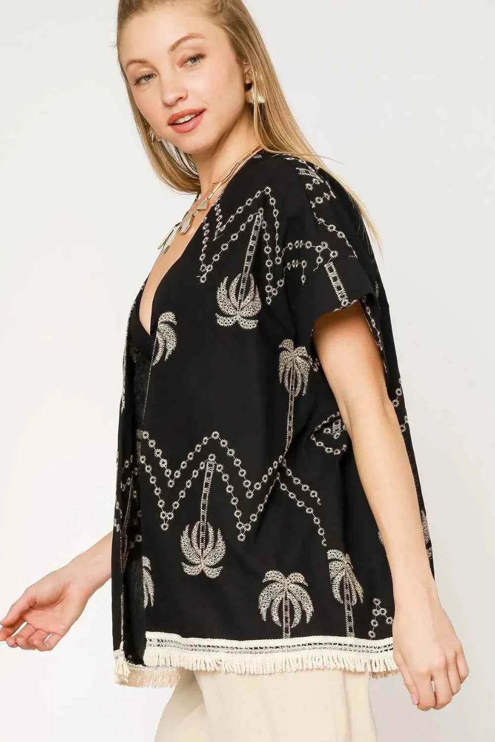 Umgee Open Front Embroidered Fringe Kimono.