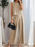 Ruched Round Neck Sleeveless Top and Wide Leg Pants Set - EBYNN