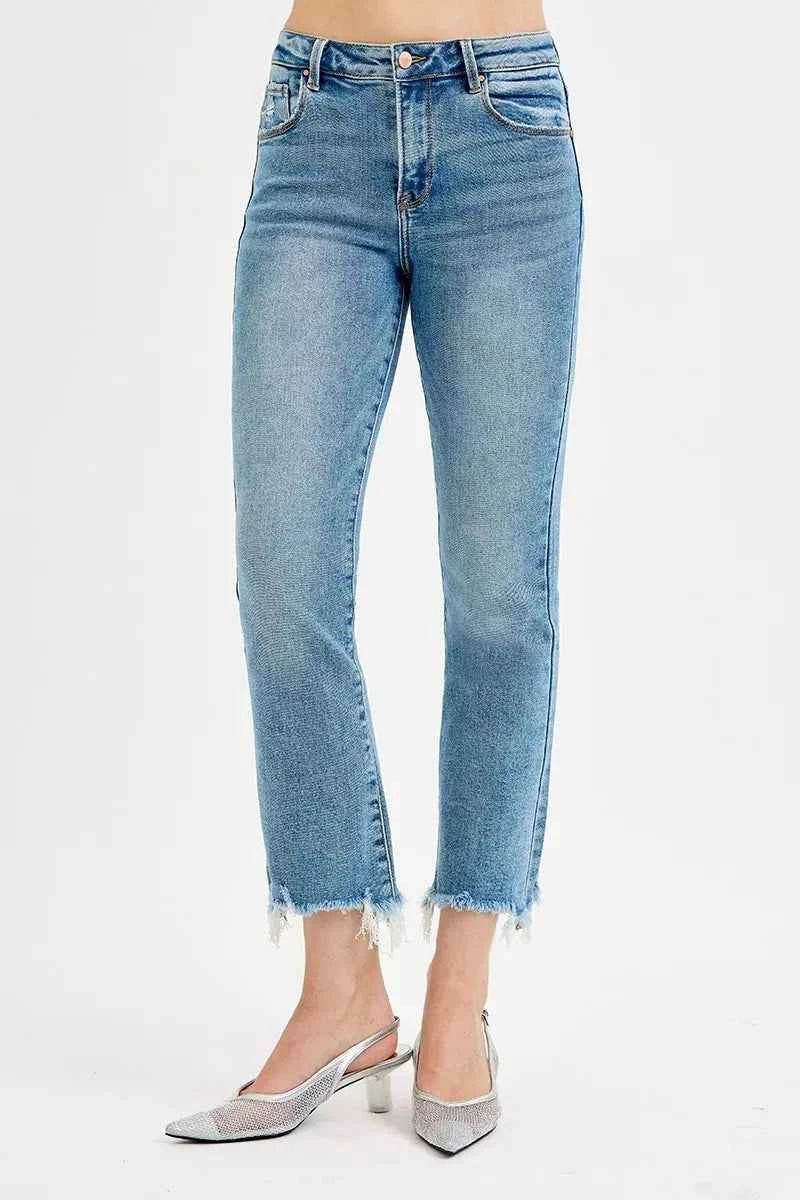 RISEN Plus Size High Rise Crop Straight Slim Jeans.