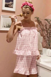Lime 'N' Chili Gingham Ruffle Trim Cami & Shorts Pajama Set.