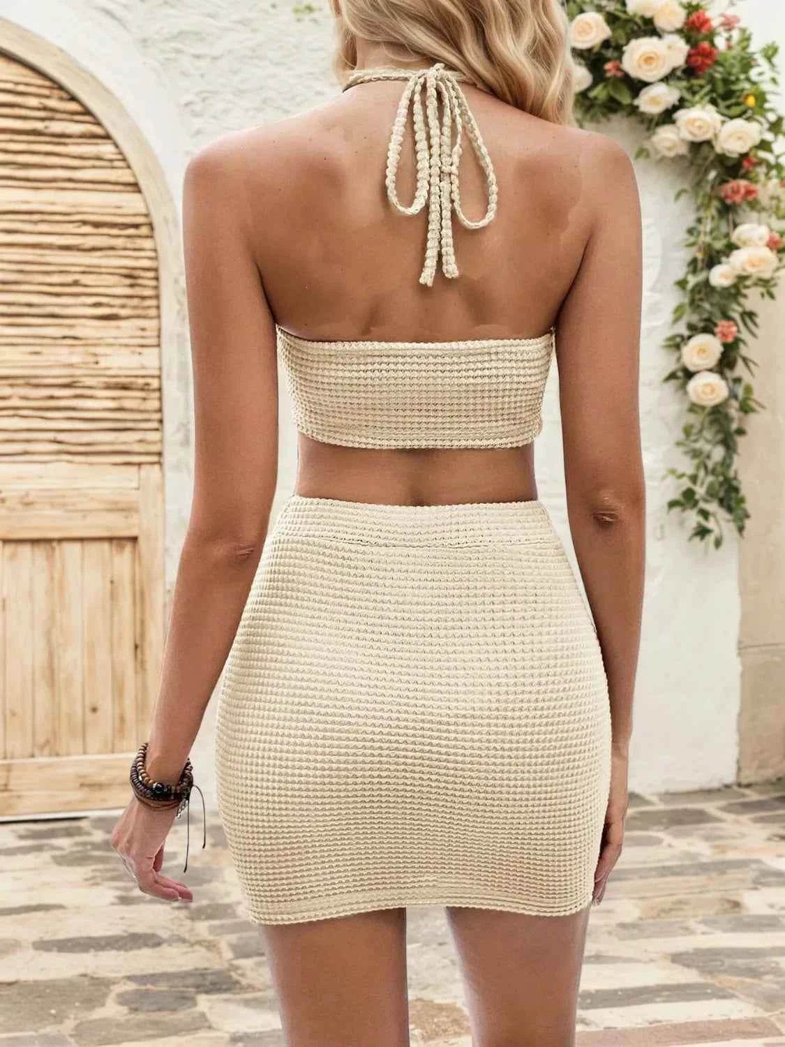 Waffle-Knit Halter Neck Top and Skirt Set - EBYNN