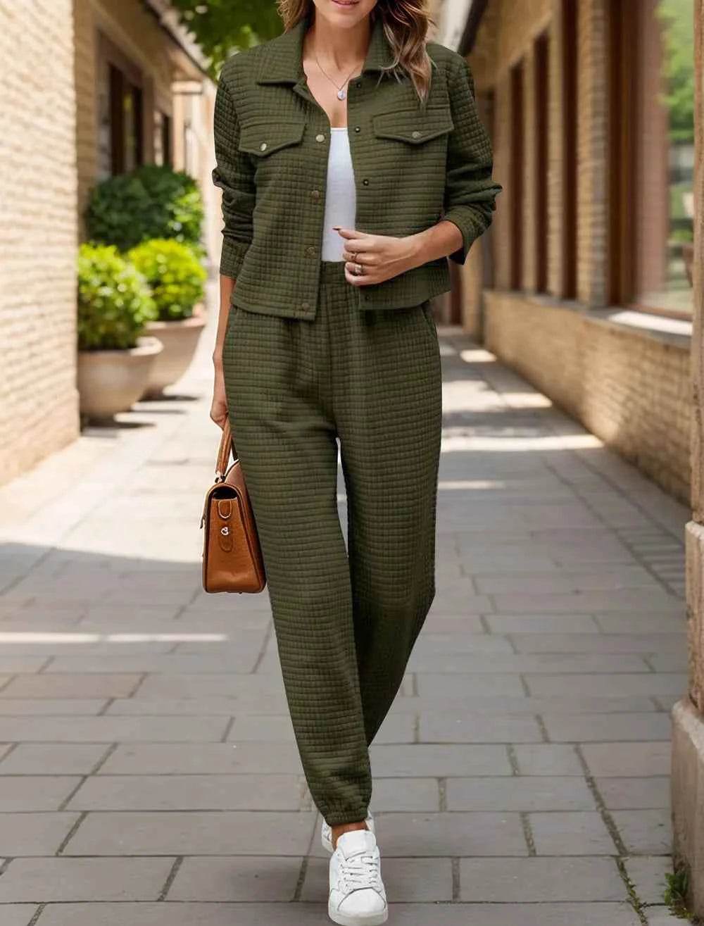 Plaid Texture Snap Down Top and Pants Set.