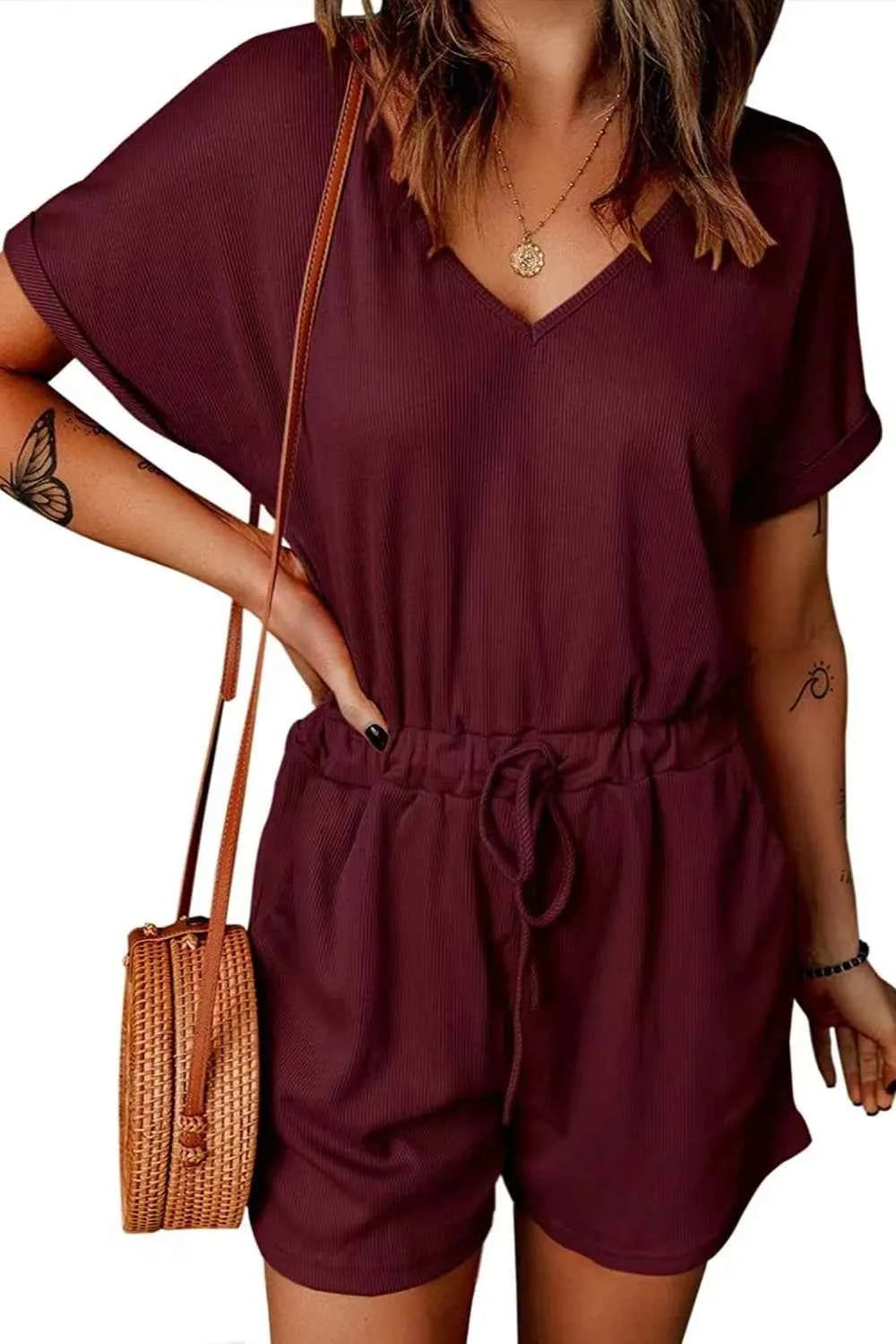 Full Size Drawstring V-Neck Short Sleeve Romper.
