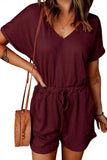 Full Size Drawstring V-Neck Short Sleeve Romper.