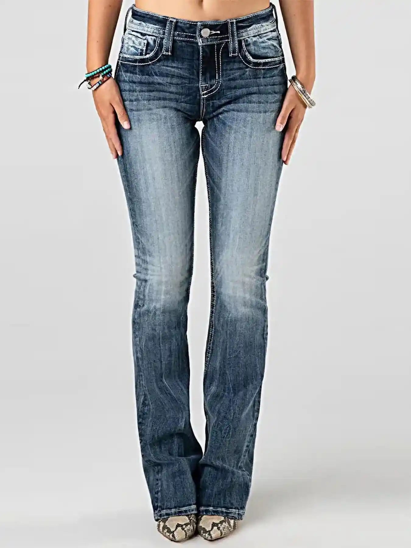 Embroidered Washed Bootcut Jeans.