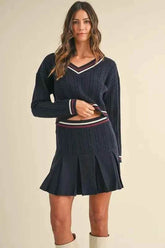 MABLE Cable-Knit Top and Pleated Skirt Sweater Set - EBYNN