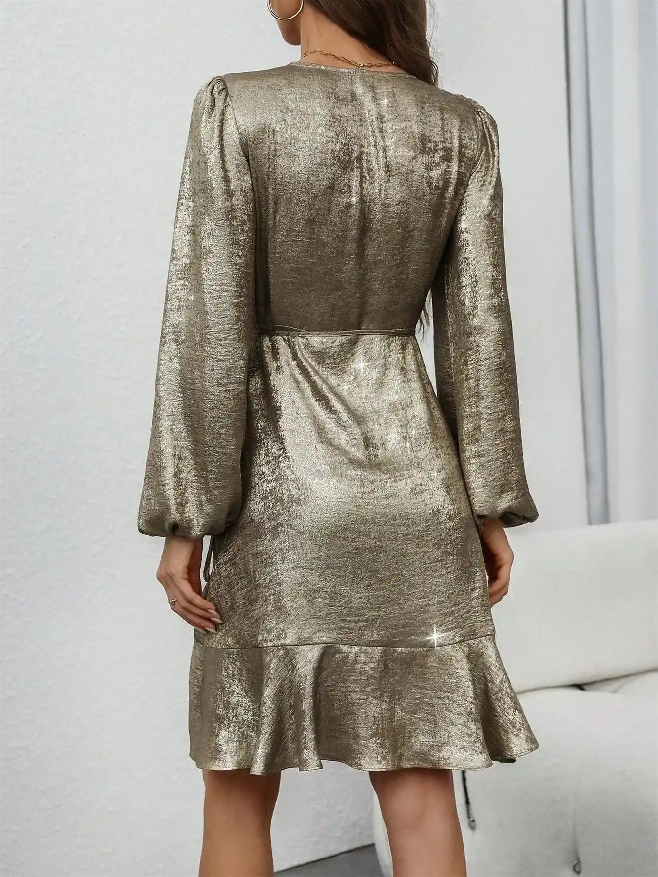 Ruffled Hem Surplice Long Sleeve Dress.