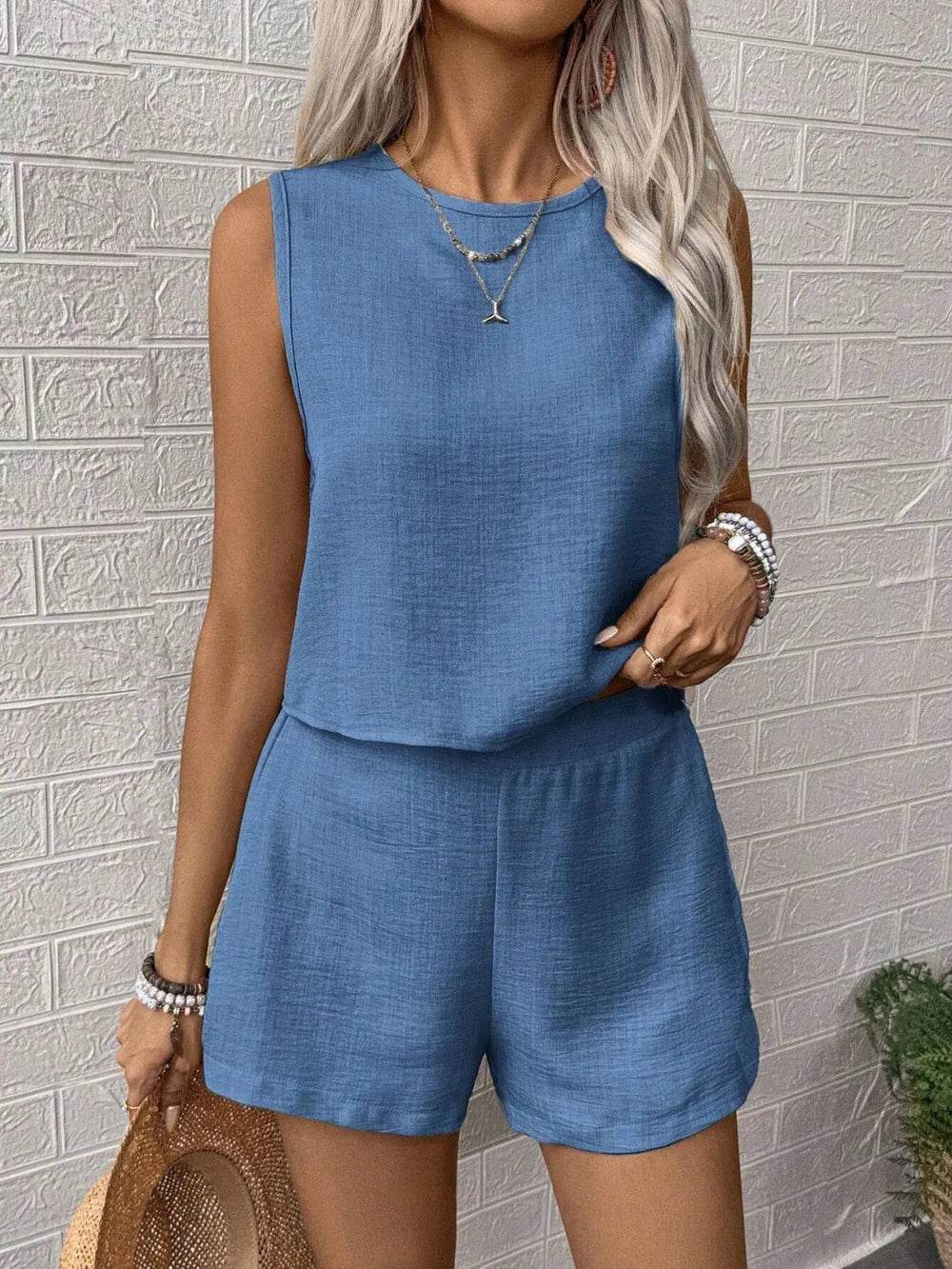 Round Neck Sleeveless Top and Shorts Set - EBYNN