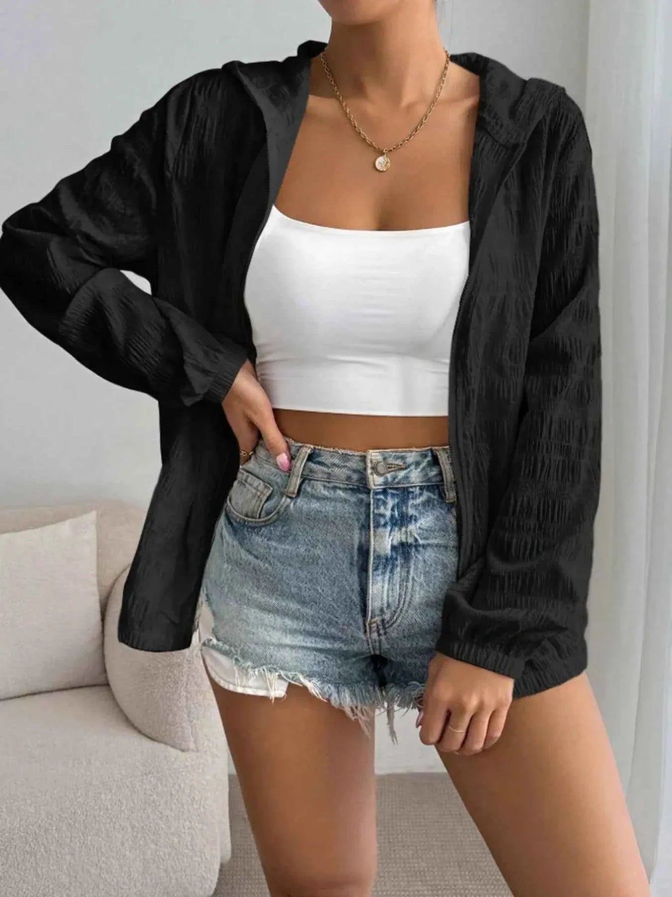 Zip Up Long Sleeve Hooded Jacket.