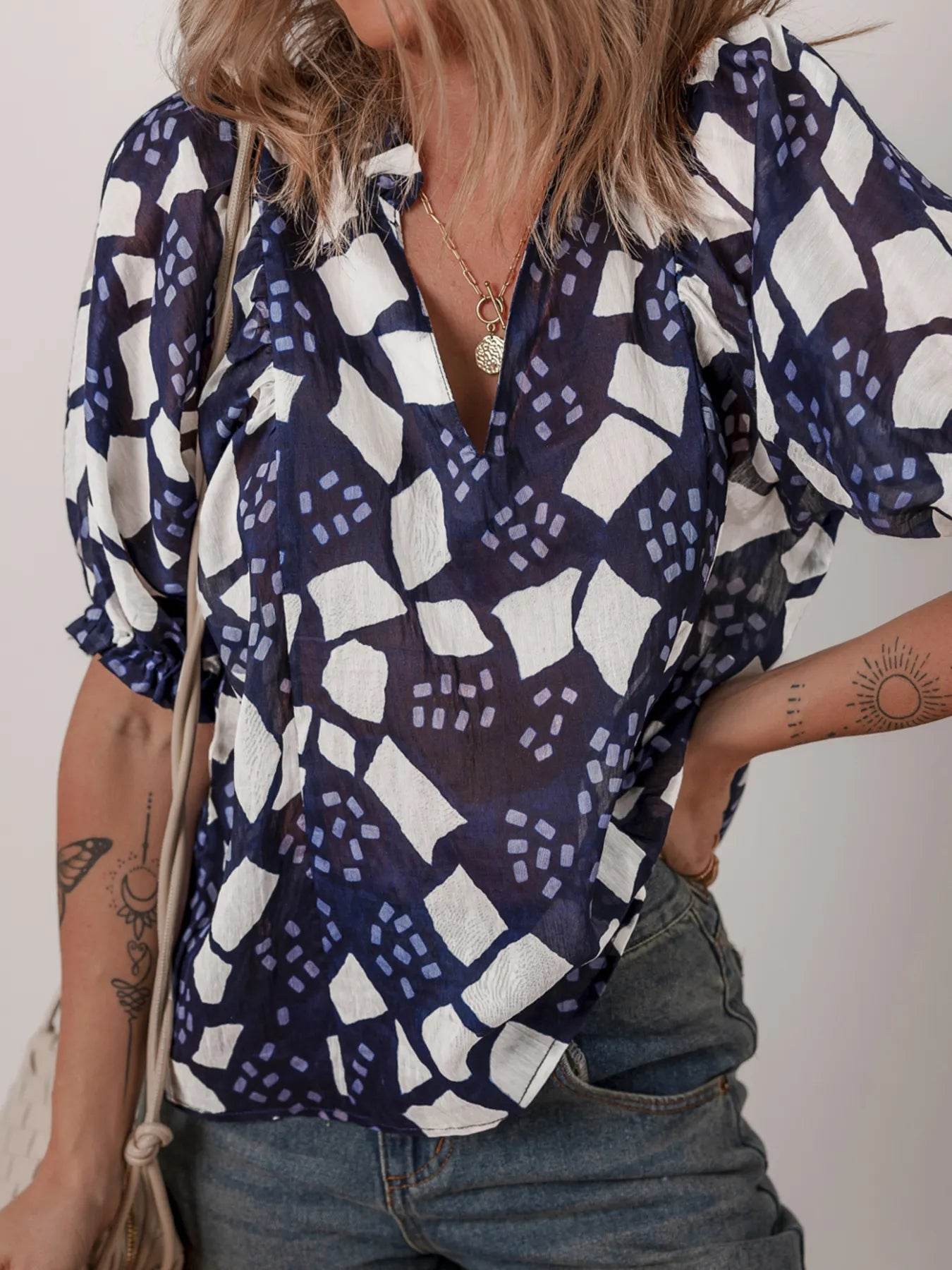 Abstract Puff Sleeve Blouse with Frilled Details - EBYNN