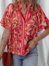 Abstract Striped Blouse with Trim and Split Neck Design - EBYNN