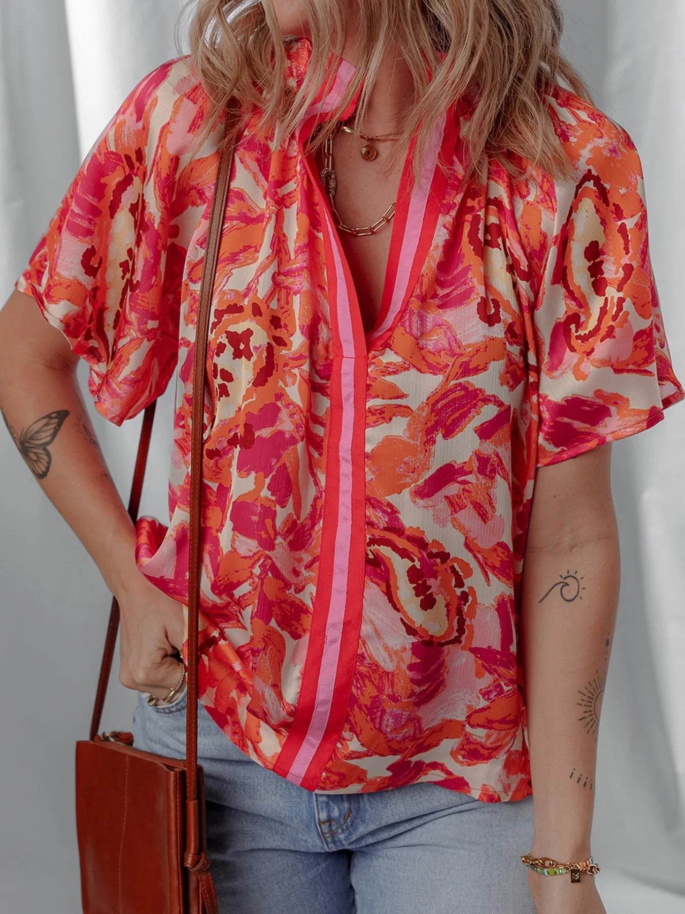 Abstract Striped Blouse with Trim and Split Neck Design - EBYNN