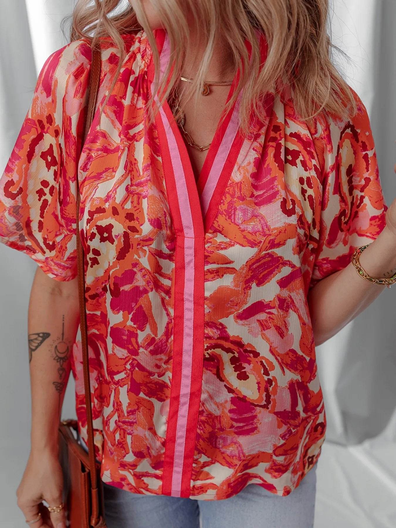 Abstract Striped Blouse with Trim and Split Neck Design - EBYNN