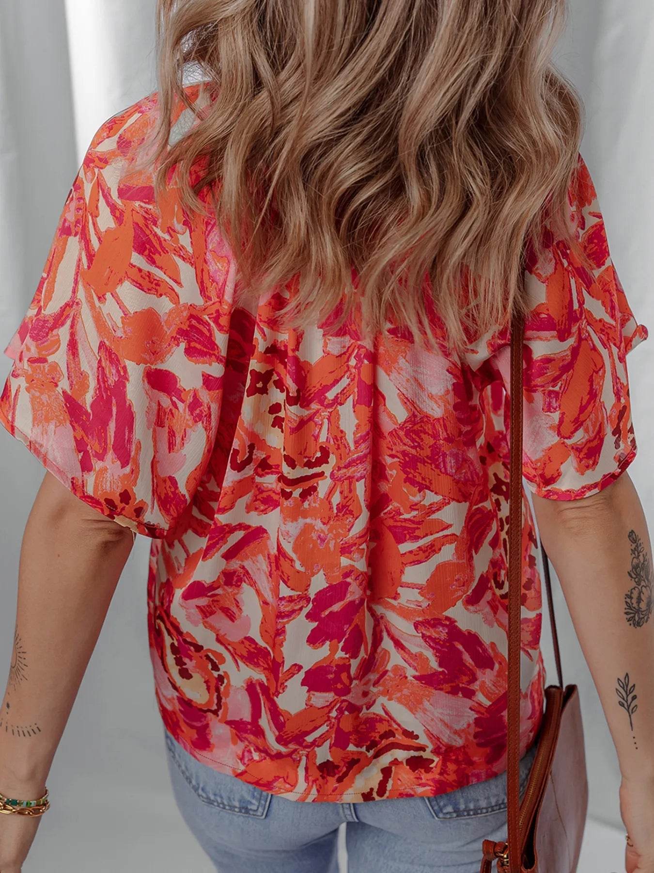 Abstract Striped Blouse with Trim and Split Neck Design - EBYNN