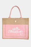 Fame Hello Weekend Burlap Tote Bag.