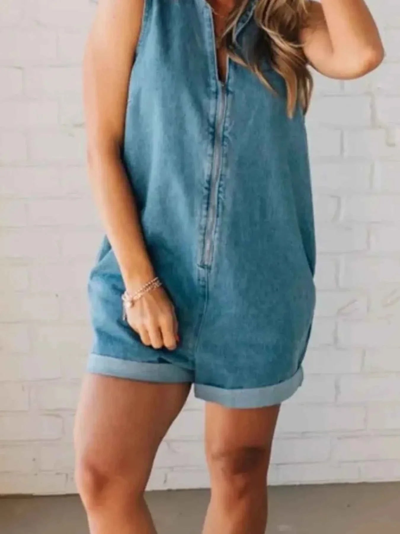 Zip Front Sleeveless Denim Romper.