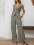V-Neck Vest and Wide Leg Pants Set for Effortless Style - EBYNN